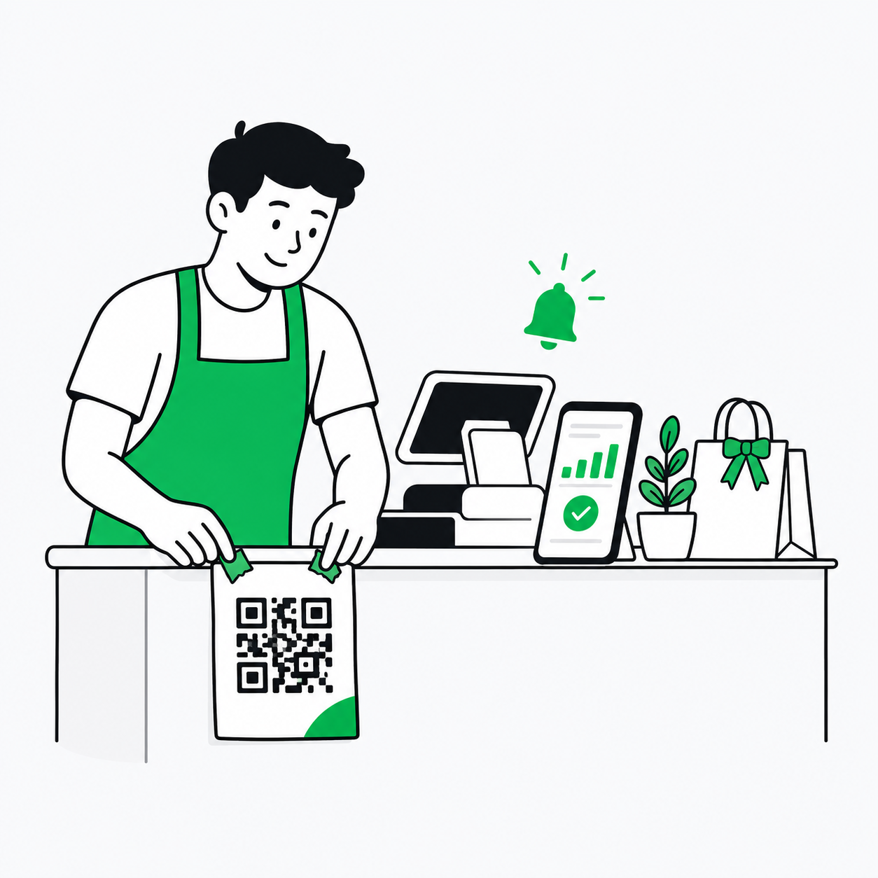 Comerciante configurando a campanha no painel e preparando o cartaz com QR code para o balcão da loja